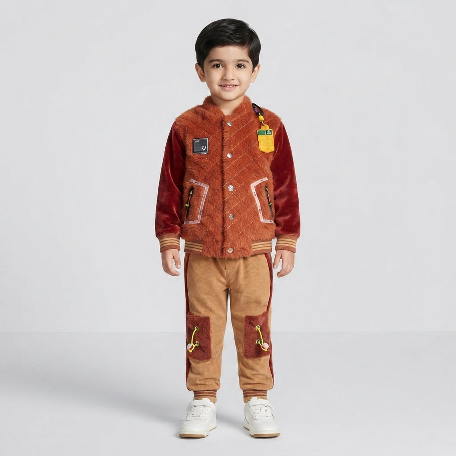 Boys Rust & Brown Faux Fur Bomber Jacket Tracksuit Set | 2–3 Years