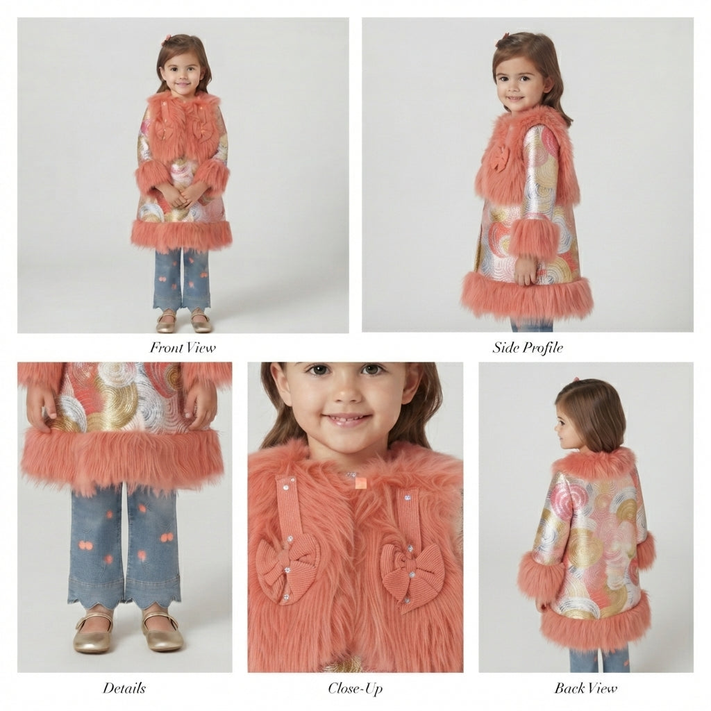 Designer Peach Fur-Trimmed Swirl Tunic Set — Photo 2