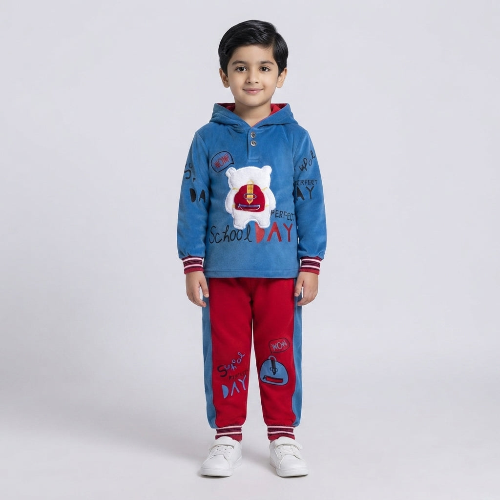 Boys Blue and Red School Day Print Velvet Hoodie Suit
