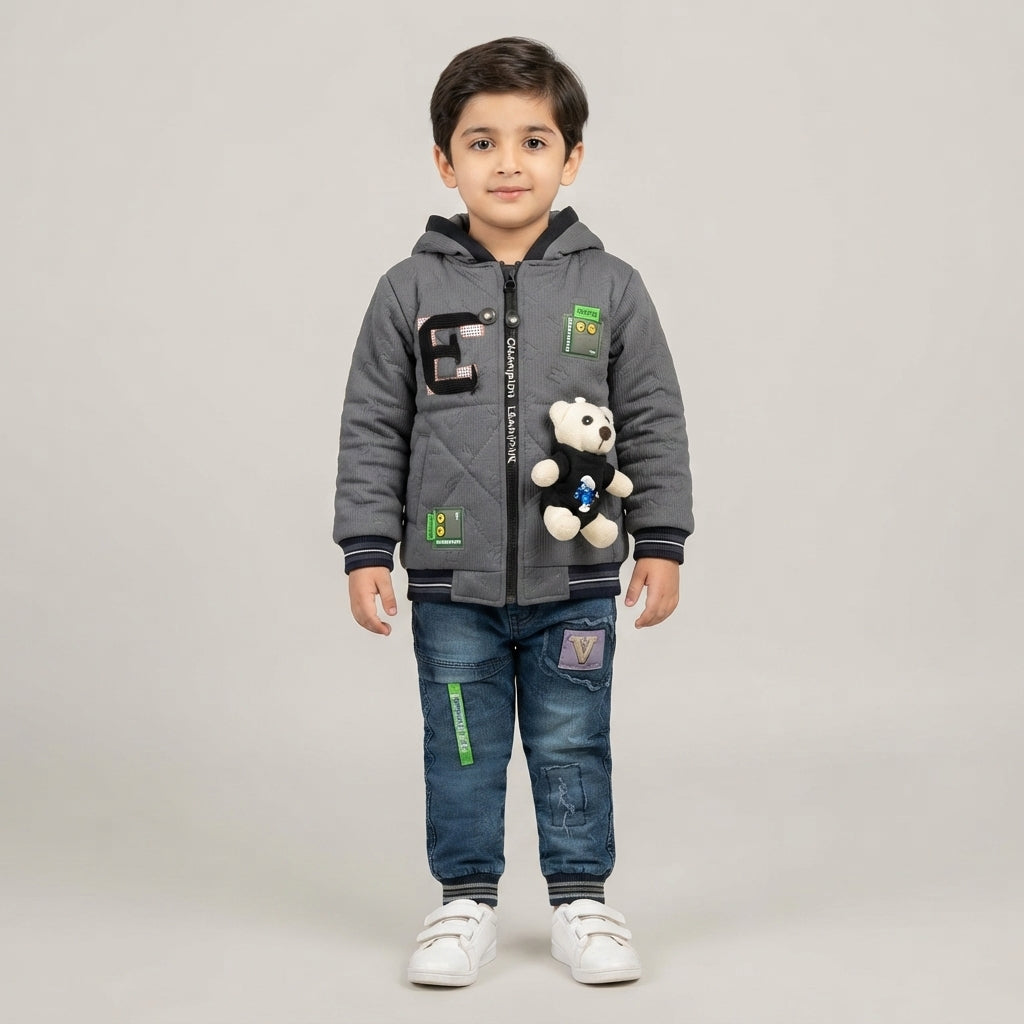 Boys Grey Hooded Teddy Bear Puffer Jacket & Denim Jeans Set