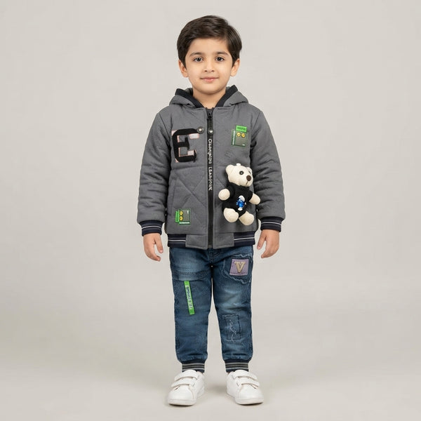 Boys Grey Hooded Teddy Bear Puffer Jacket & Denim Jeans Set