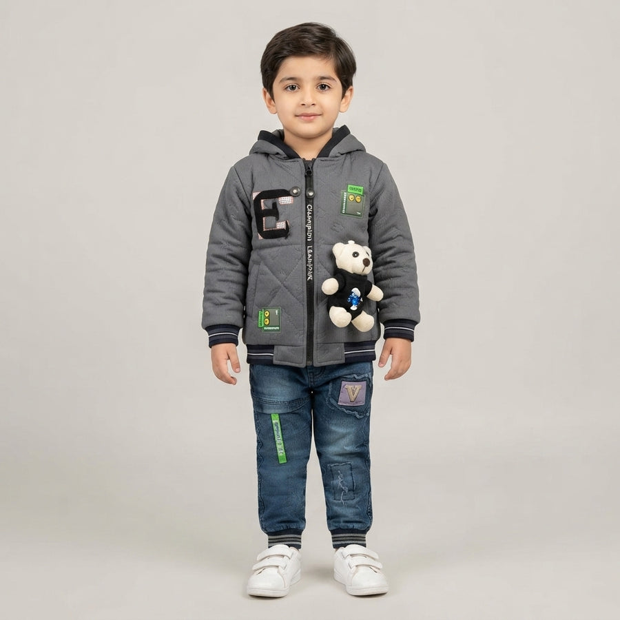 Boys Grey Hooded Teddy Bear Puffer Jacket & Denim Jeans Set