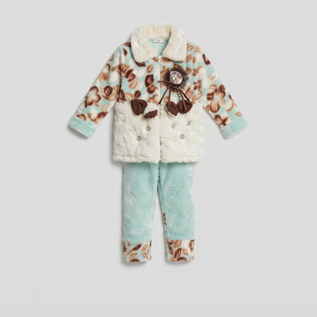 Girls Mint Green & Brown Fur Suit — Photo 2