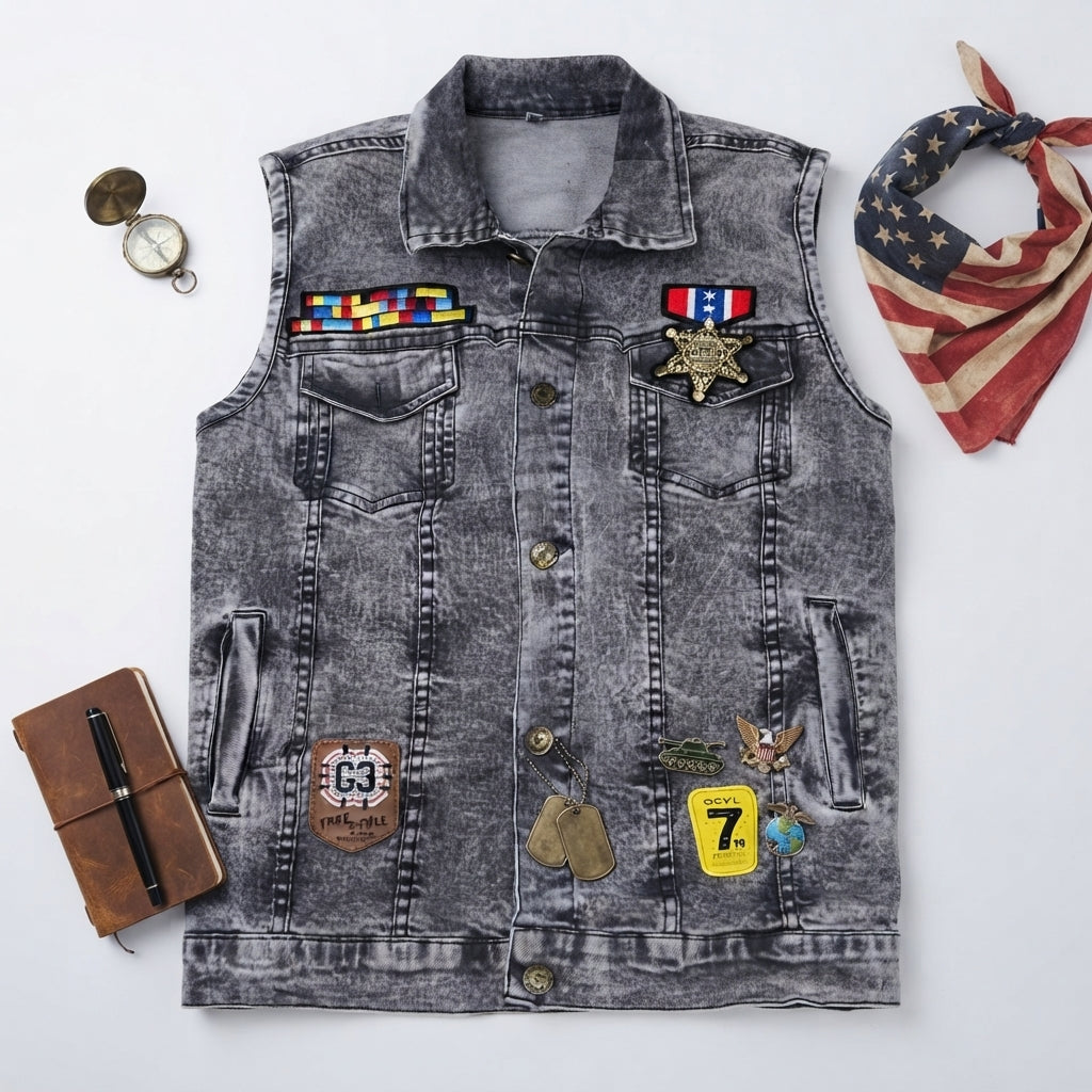 Boys Grey Acid-Wash Denim Vest with Patches