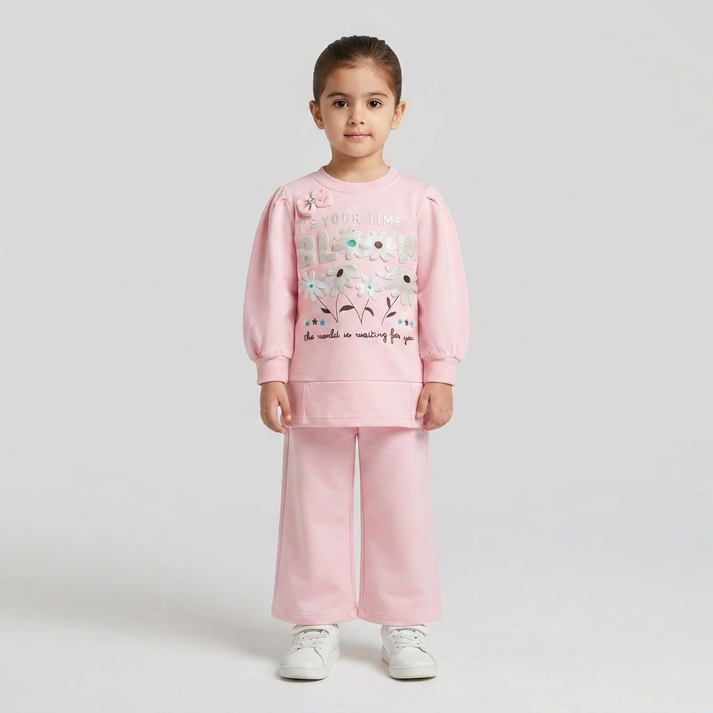 Girls Pink "It's Your Time to Bloom" Floral Sweatshirt & Pants Set