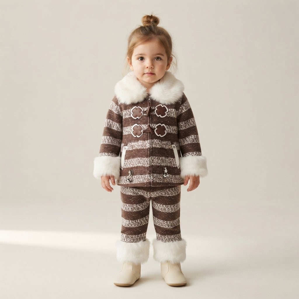 Girls Brown Striped Fur-Trim Coat Set | Winter Kids Wear