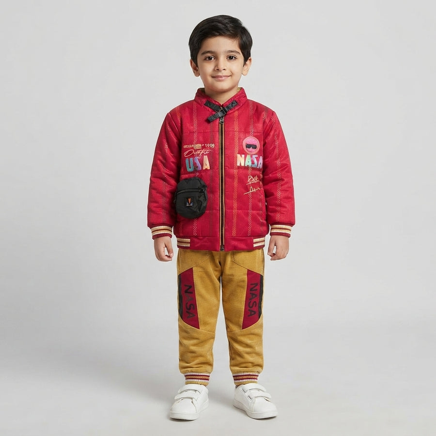 Boys Red Puffer Jacket & Mustard Joggers Winter Tracksuit