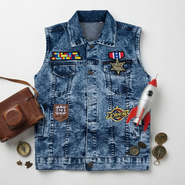 Boys Denim Patchwork Vest Sleeveless Jacket