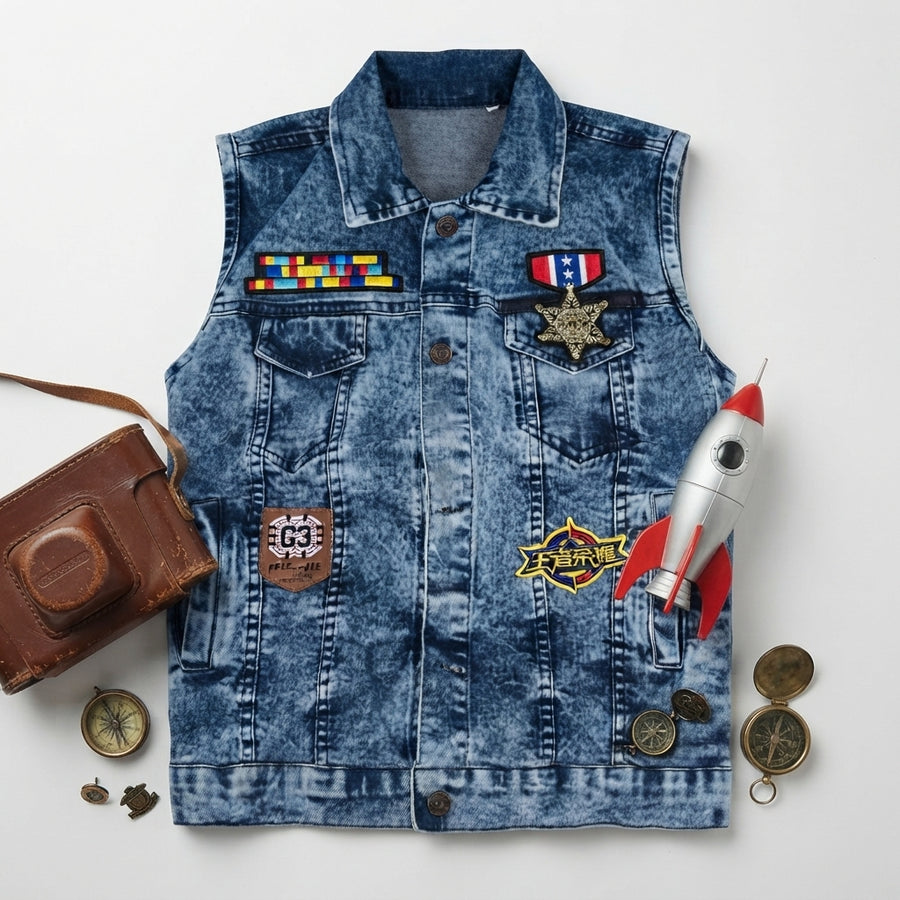 Boys Denim Patchwork Vest Sleeveless Jacket