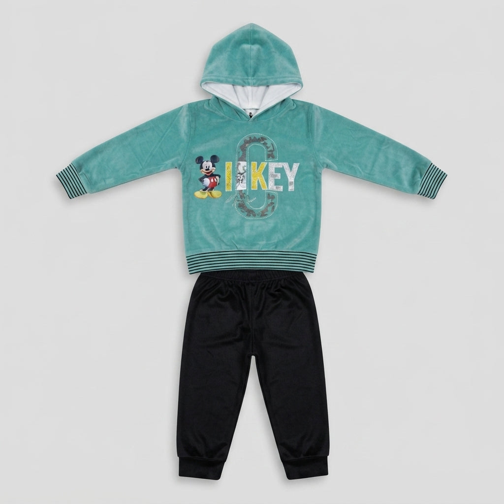 Boys Mint Green "MICKEY" Hooded Velvet Tracksuit