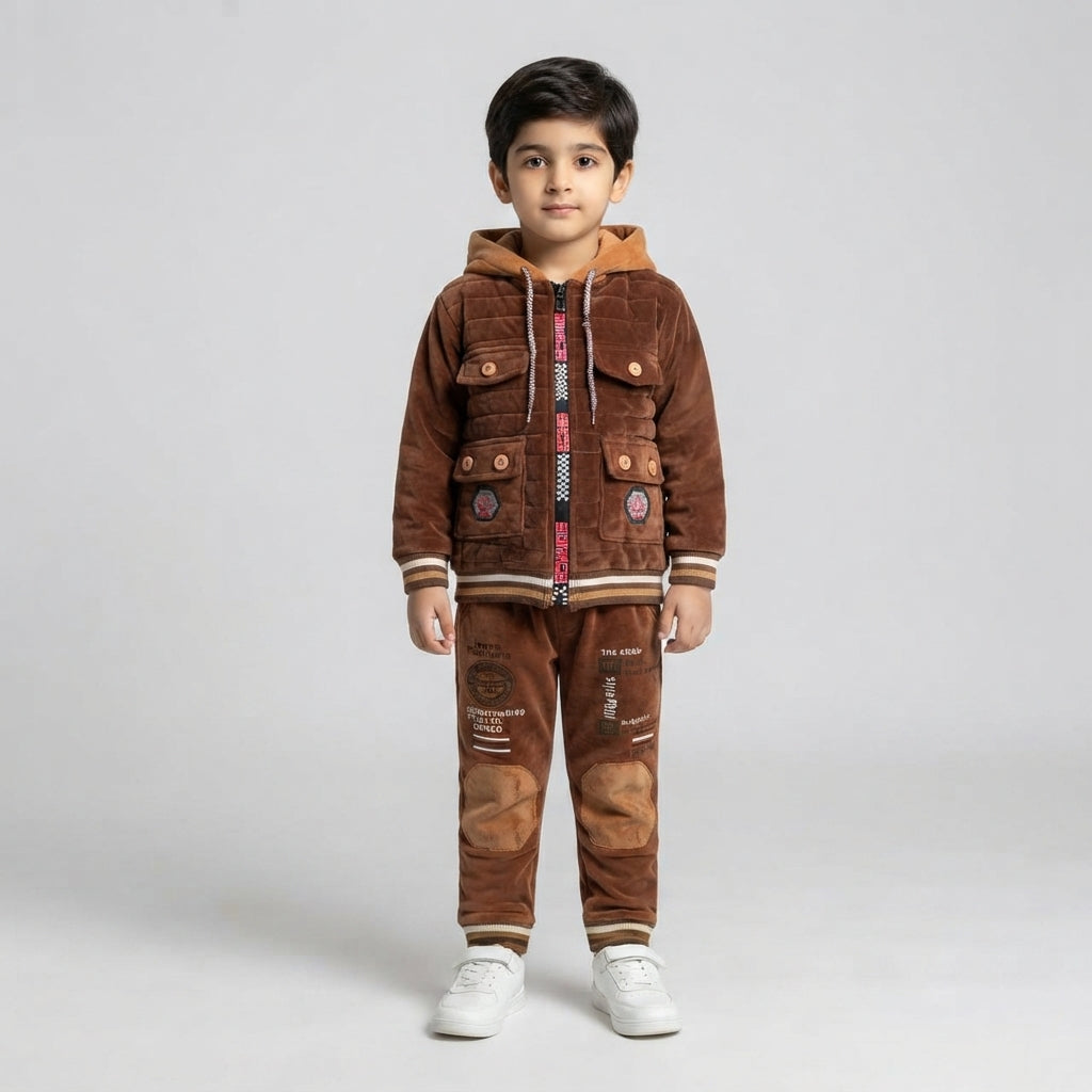 Brown Velvet Hooded Tracksuit with Cargo Pockets for Boys | Kids Winter Wear – Iqra Garments