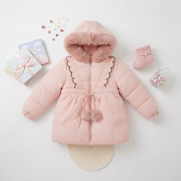 Girls Pink Puffer Coat with Fux Fur Hood