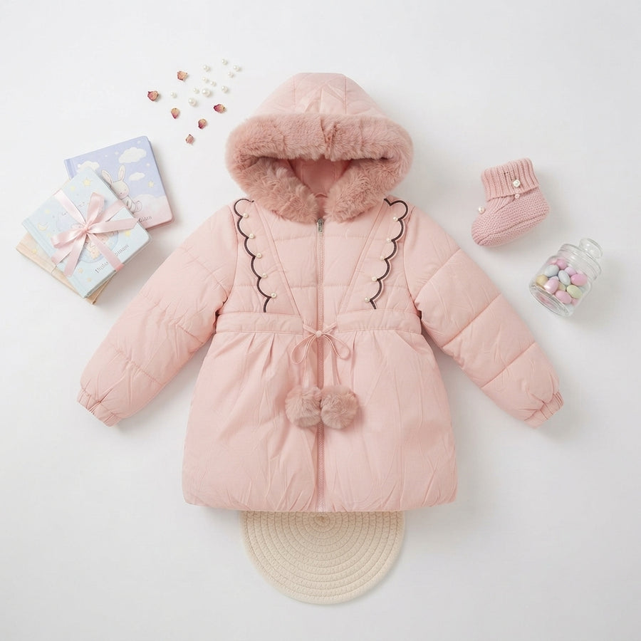 Girls Pink Puffer Coat with Fux Fur Hood