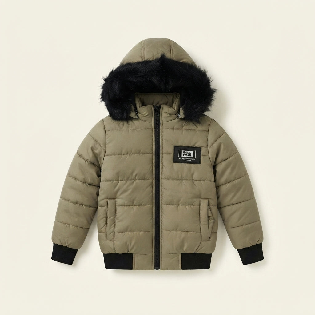 Kids Olive Green Faux Fur Hooded Puffer Jacket