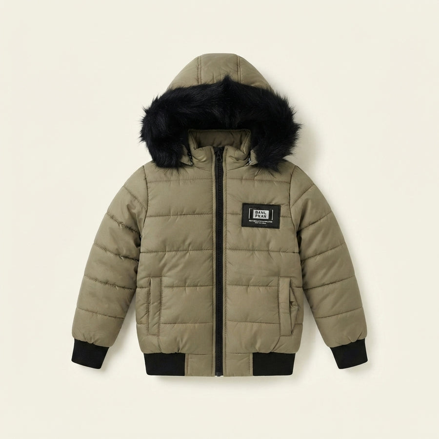 Kids Olive Green Faux Fur Hooded Puffer Jacket