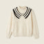 Girls Chic Off-White Fluffy Woolen Sweater with Striped Sailor Collar