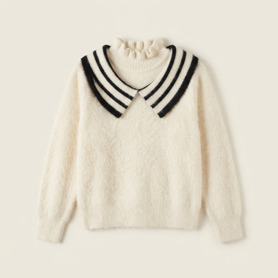 Girls Chic Off-White Fluffy Woolen Sweater with Striped Sailor Collar
