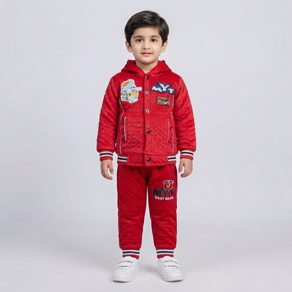 Boys Red Quilted Hooded Tracksuit