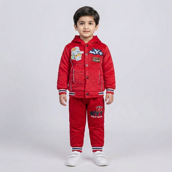 Boys Red Quilted Hooded Tracksuit