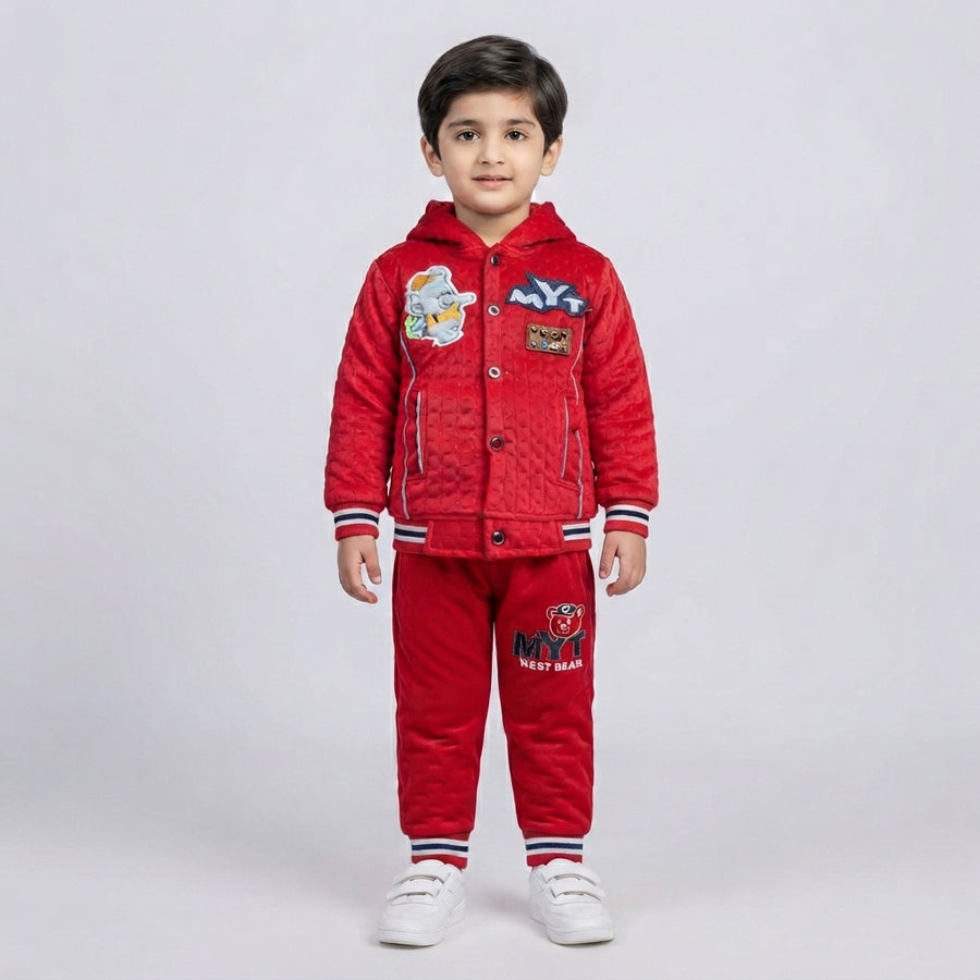 Boys Red Quilted Hooded Tracksuit