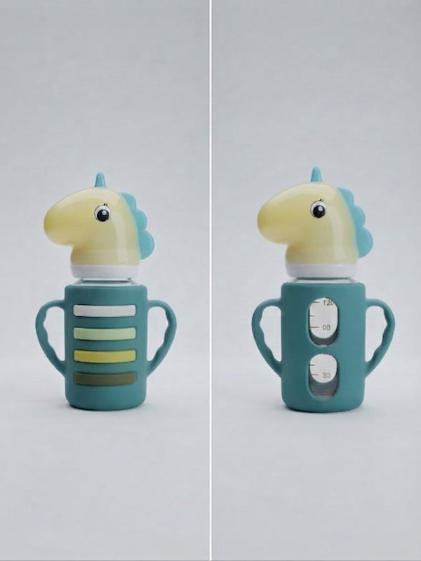 Cute Unicorn Design Green Glass Baby Feeding Bottle with Handles (180ml)