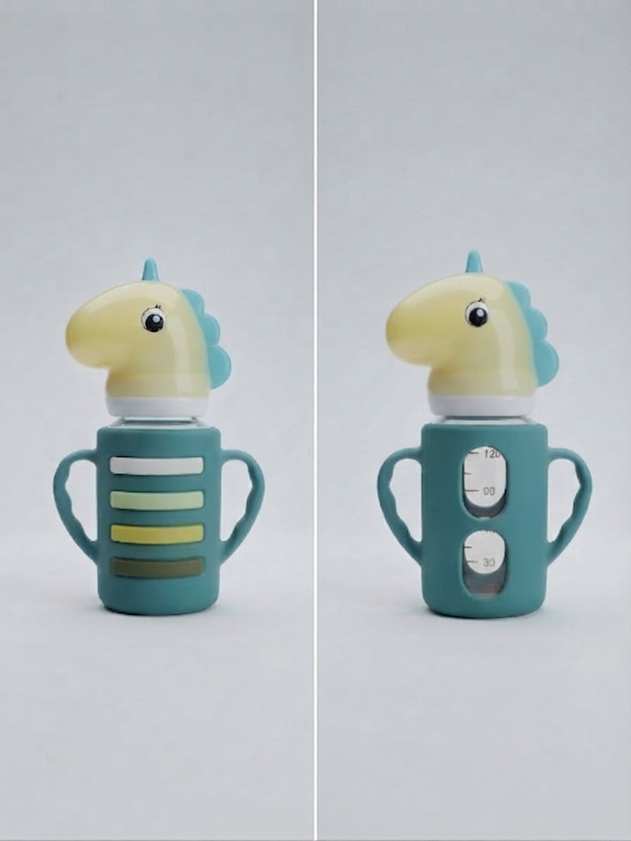 Cute Unicorn Design Green Glass Baby Feeding Bottle with Handles (180ml)