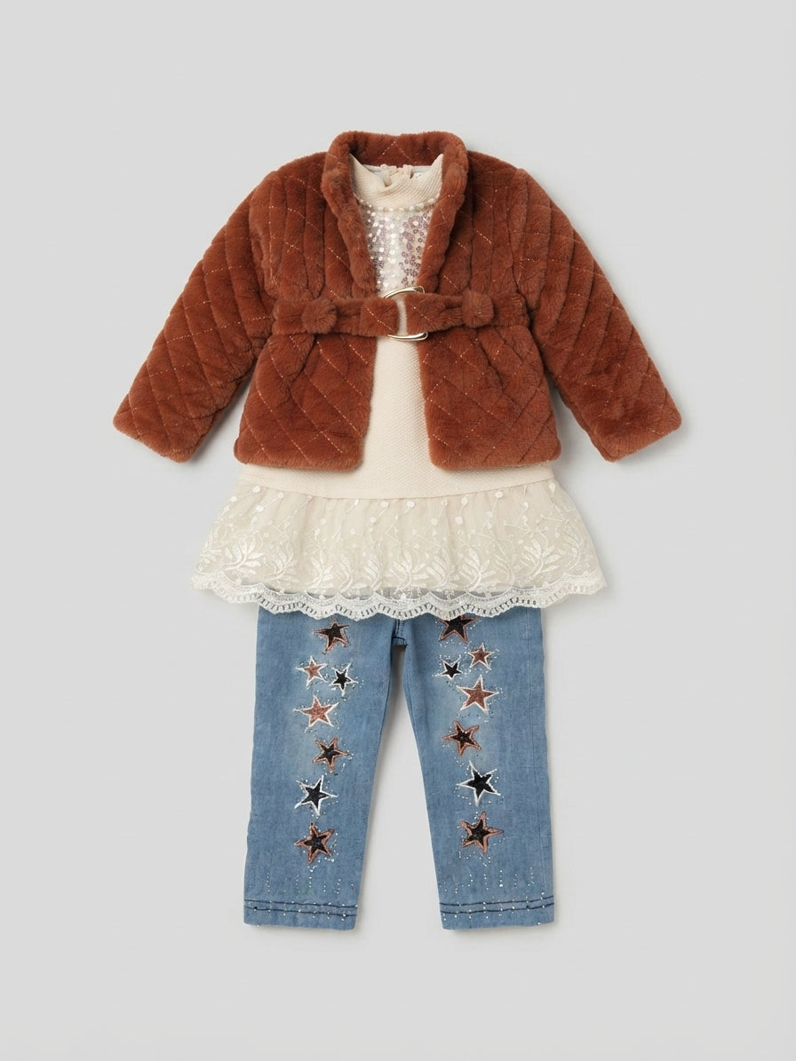 Girls Quilted Fur Jacket and Star Jeans 3-Piece Outfit