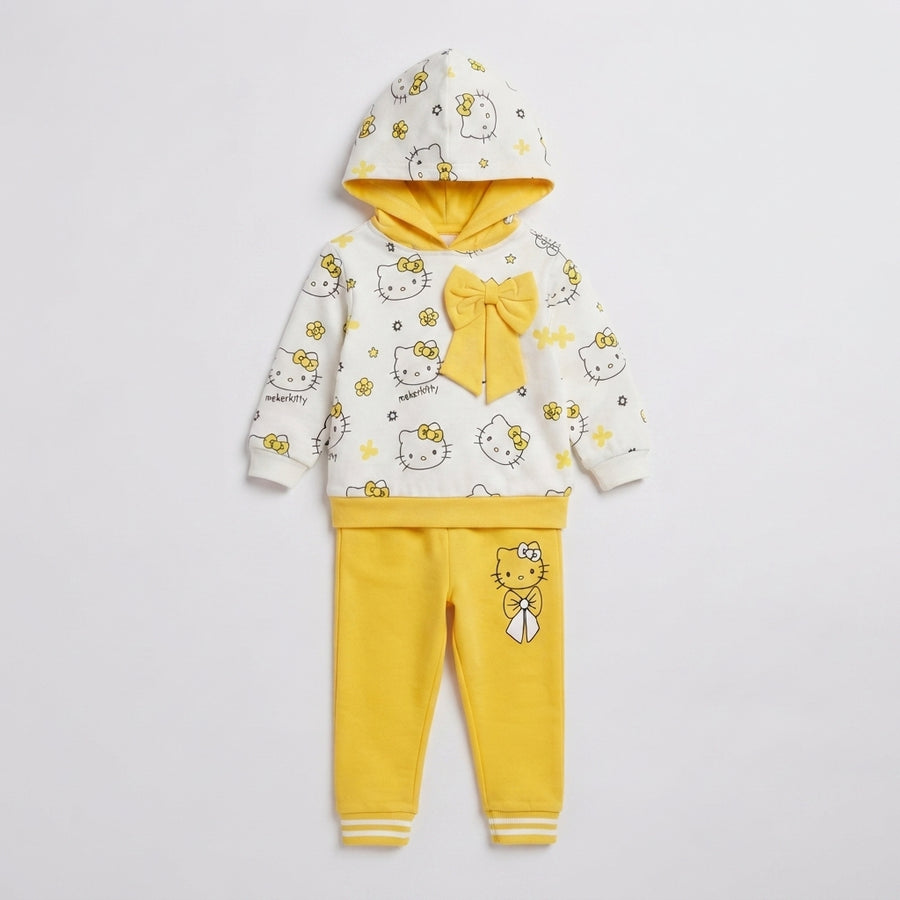 Cute Girls "Hello Kitty" Printed Hooded Top & Yellow Trouser Winter Set