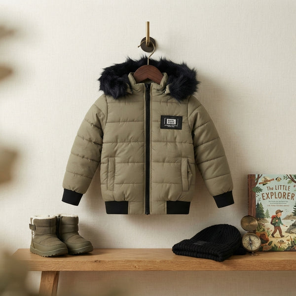 Kids Olive Green Faux Fur Puffer Jacket — Photo 2