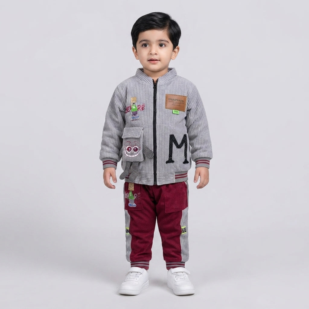 Boys Grey and Maroon Corduroy Bomber Jacket and Track Pants Set
