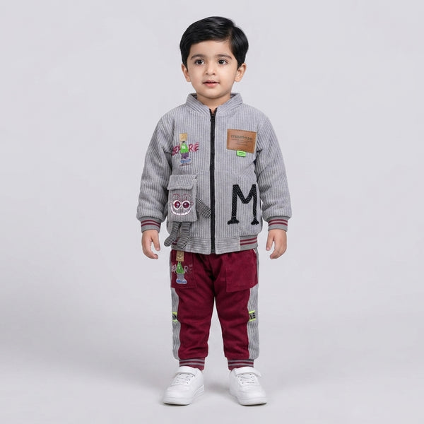 Boys Grey and Maroon Corduroy Bomber Jacket and Track Pants Set