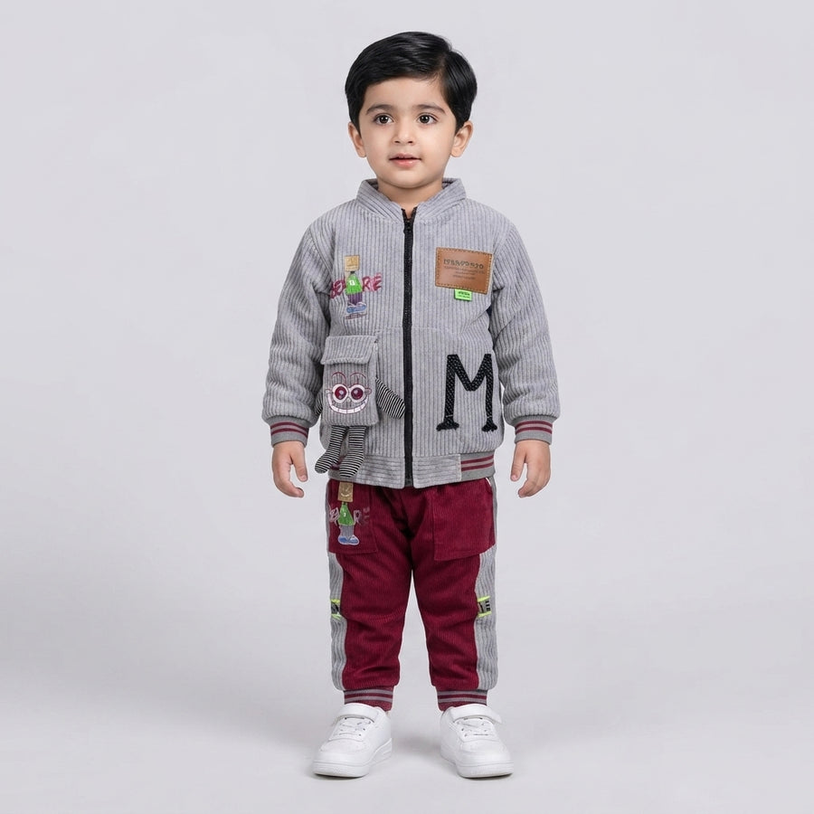 Boys Grey and Maroon Corduroy Bomber Jacket and Track Pants Set