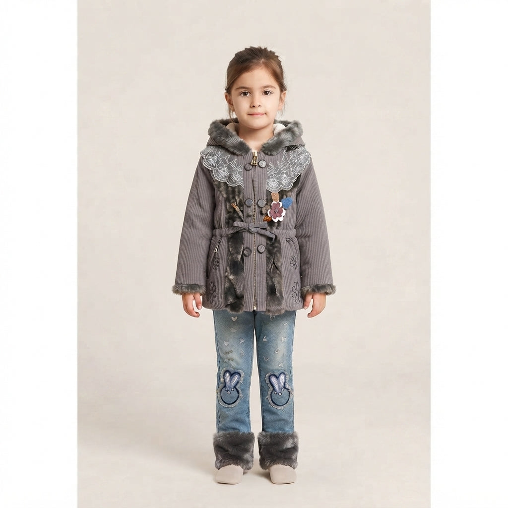 Little Girl in Grey Corduroy Coat and Embroidered Jeans with Fur Cuffs