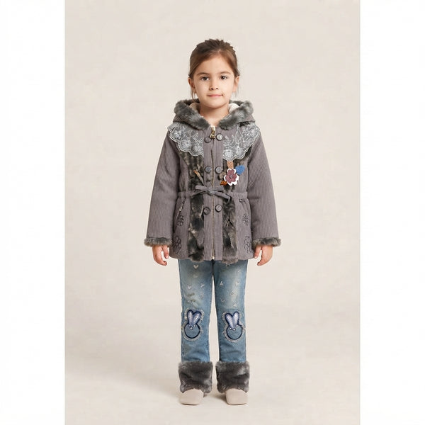 Little Girl in Grey Corduroy Coat and Embroidered Jeans with Fur Cuffs