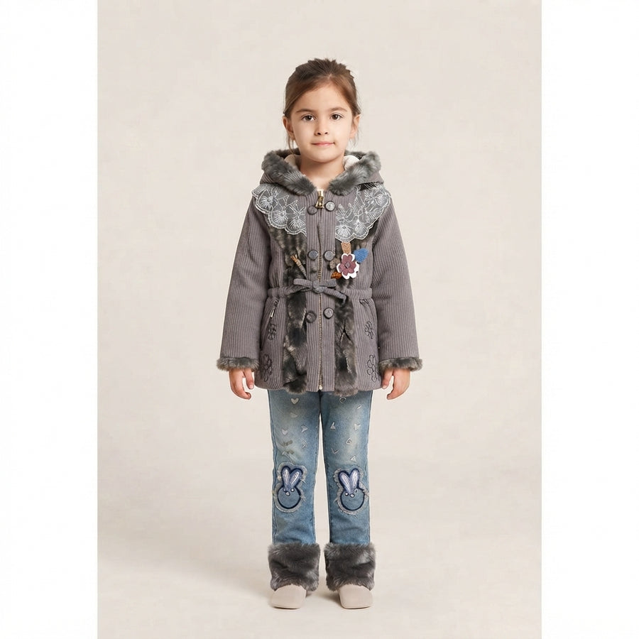 Little Girl in Grey Corduroy Coat and Embroidered Jeans with Fur Cuffs