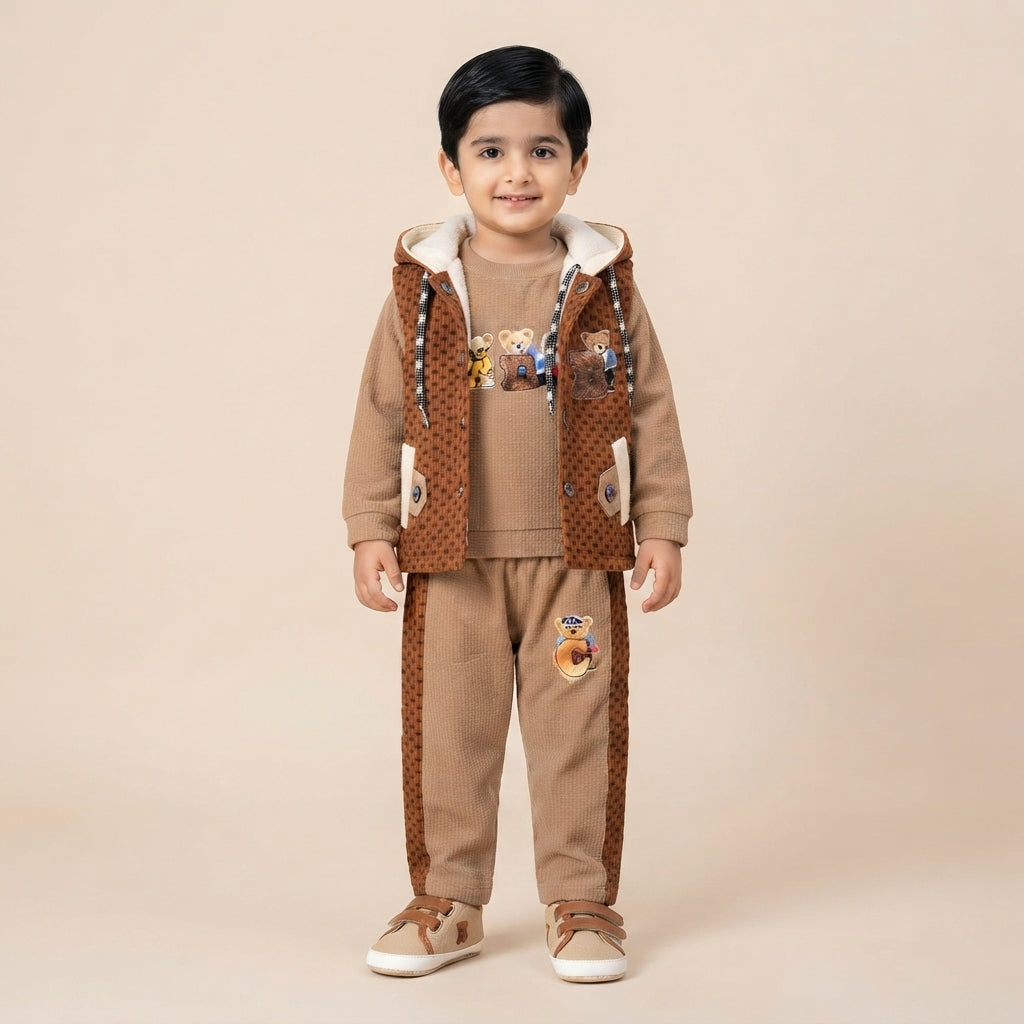 Boys Brown Teddy Bear Winter Hoodie &amp; Jogger Set