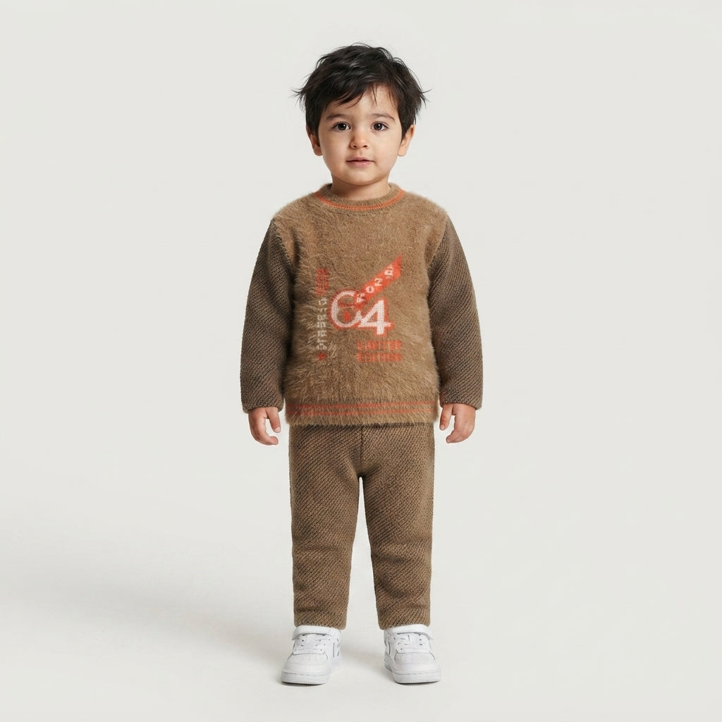 Boys Knitted Sweater & Trouser Set – Brown Winter Outfit with "64 Limited Edition" Print