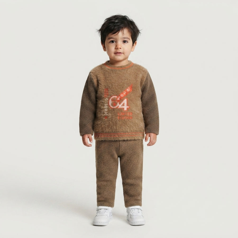 Boys Knitted Sweater & Trouser Set – Brown Winter Outfit with "64 Limited Edition" Print