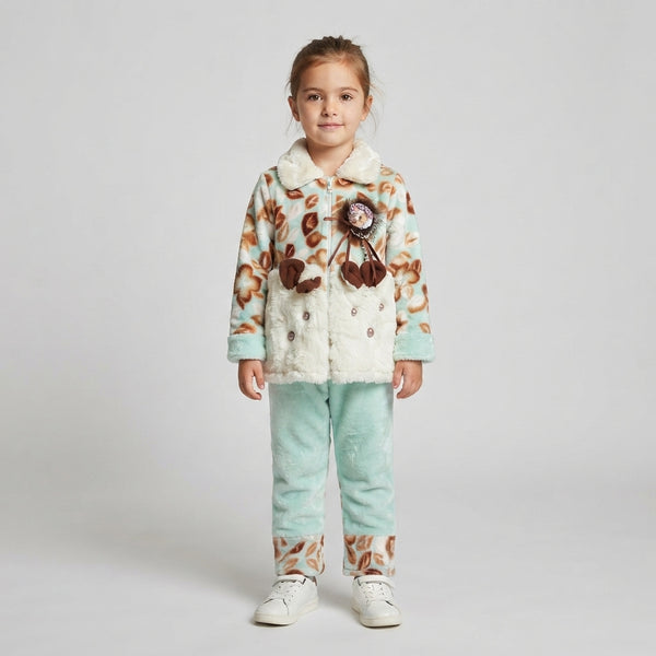 Girls Mint Green & Brown Winter 2-Piece Fur Suit | Kids Warm Tracksuit