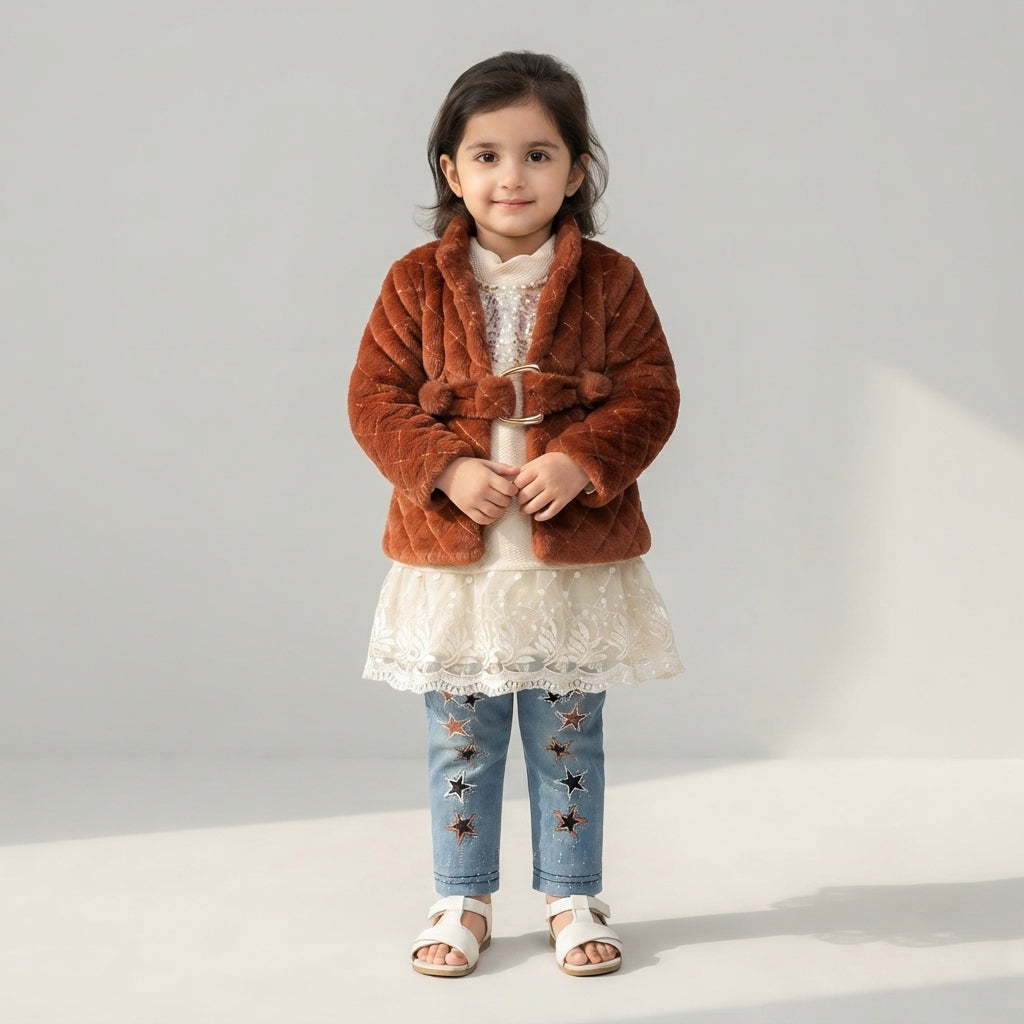 Girls Quilted Fur Jacket and Star Jeans 3-Piece Outfit