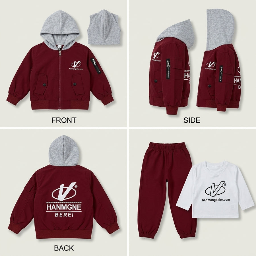 Boys' Maroon and Grey Hooded Bomber Jacket — Photo 2