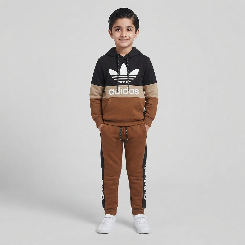 Colorblock Kids Tracksuit – Brown & Black Fleece Tracksuit for Boys