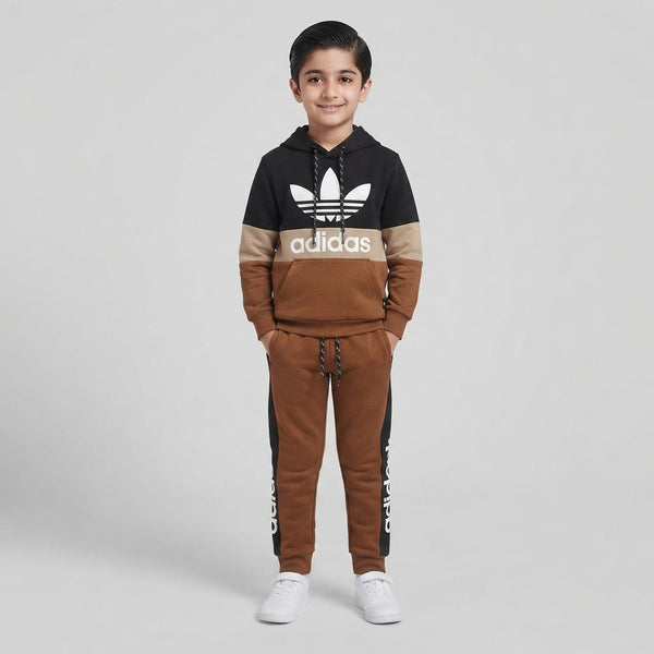 Colorblock Kids Tracksuit – Brown & Black Fleece Tracksuit for Boys