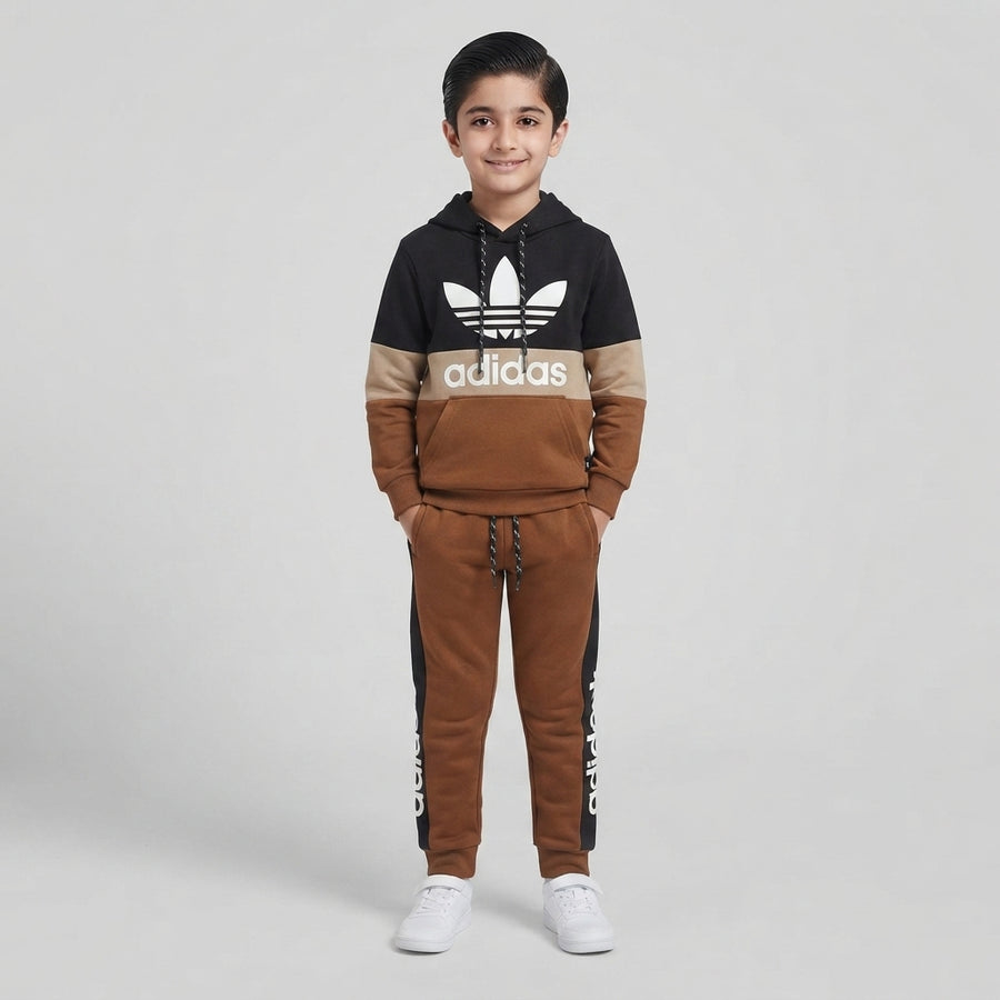 Colorblock Kids Tracksuit – Brown & Black Fleece Tracksuit for Boys