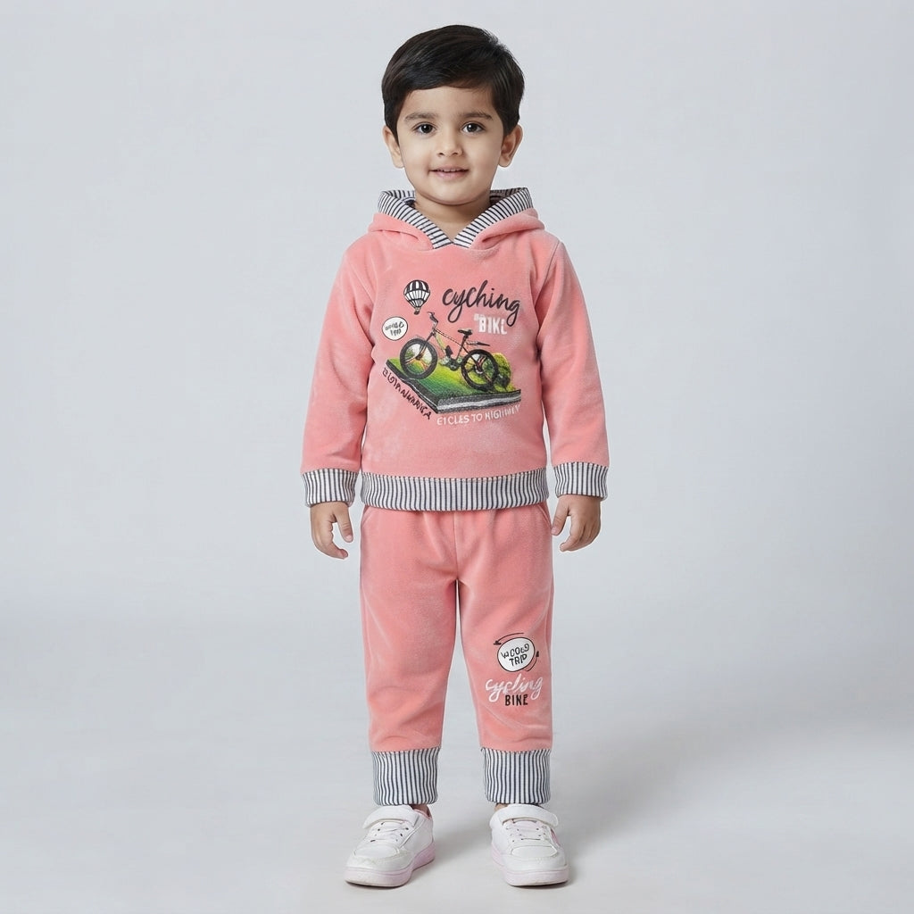 Boys Pink Velvet Two Piece Hoodie Suit | Premium Kids Winter Wear