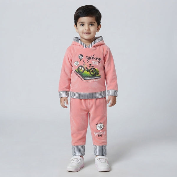 Boys Pink Velvet Two Piece Hoodie Suit | Premium Kids Winter Wear