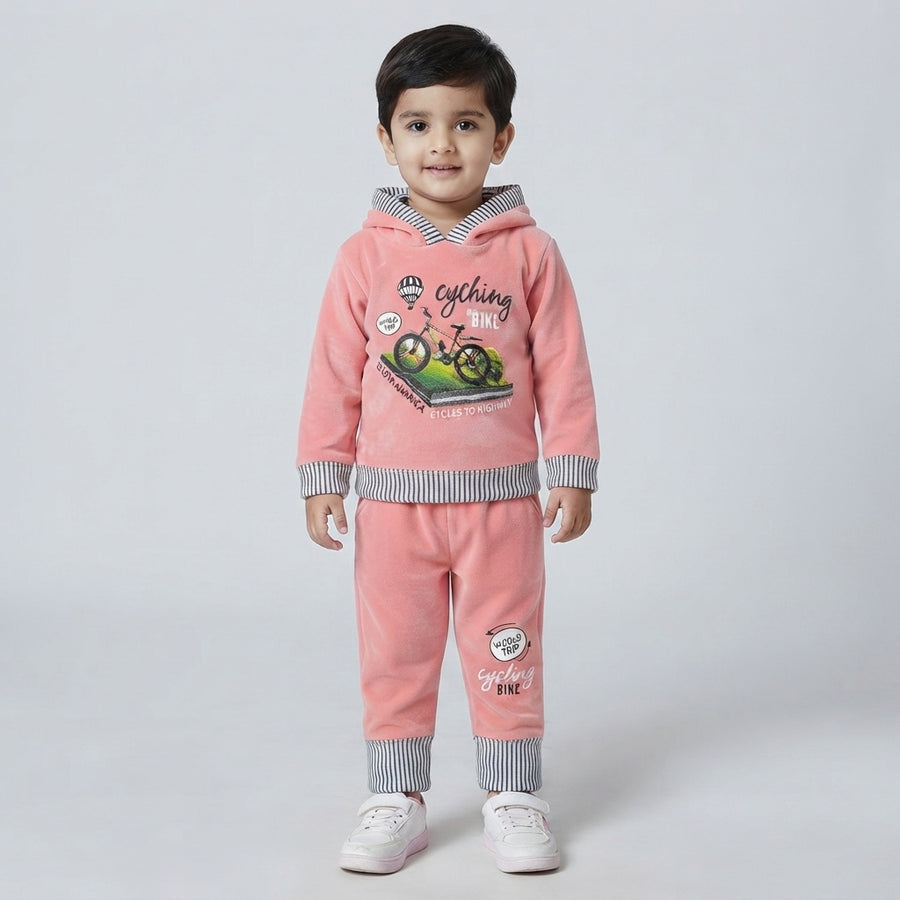 Boys Pink Velvet Two Piece Hoodie Suit | Premium Kids Winter Wear