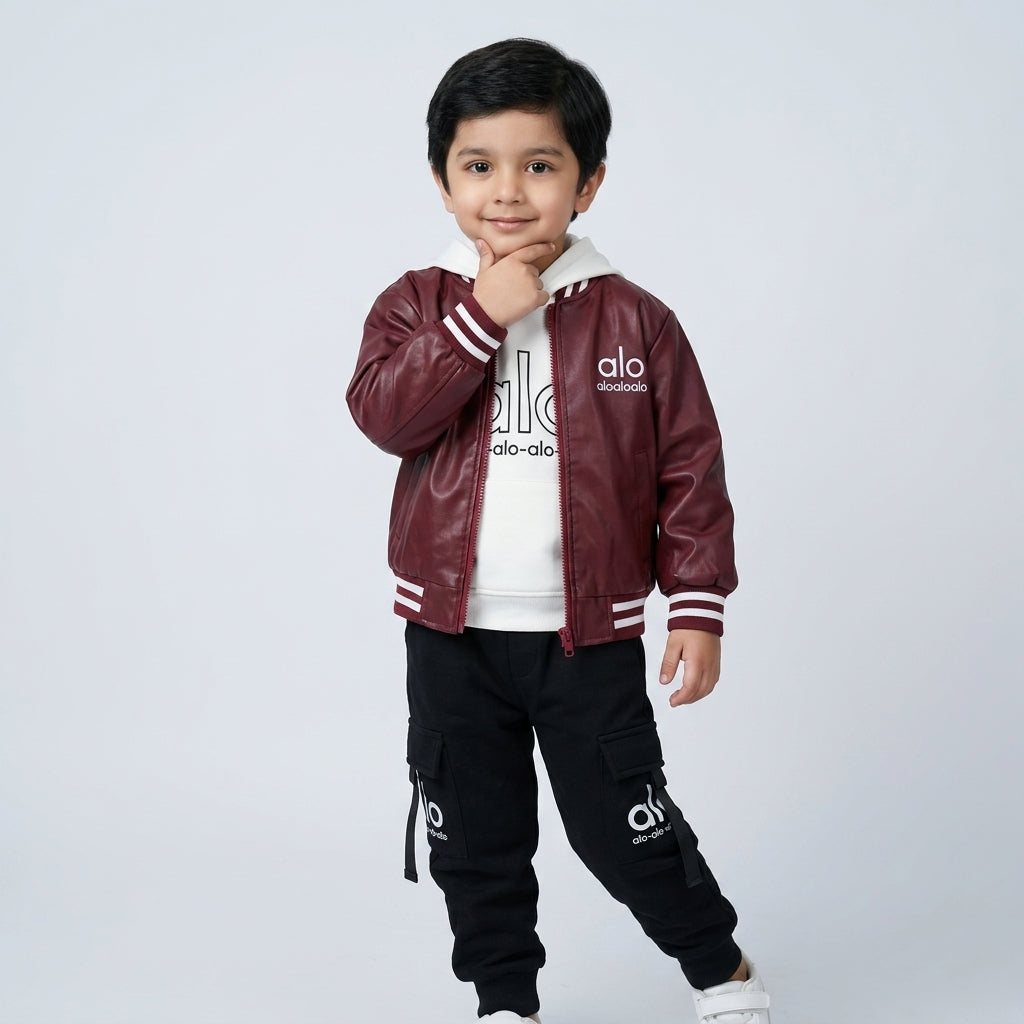 Boys Leather Jacket 3 Piece Set with Hoodie & Baggy Trouser