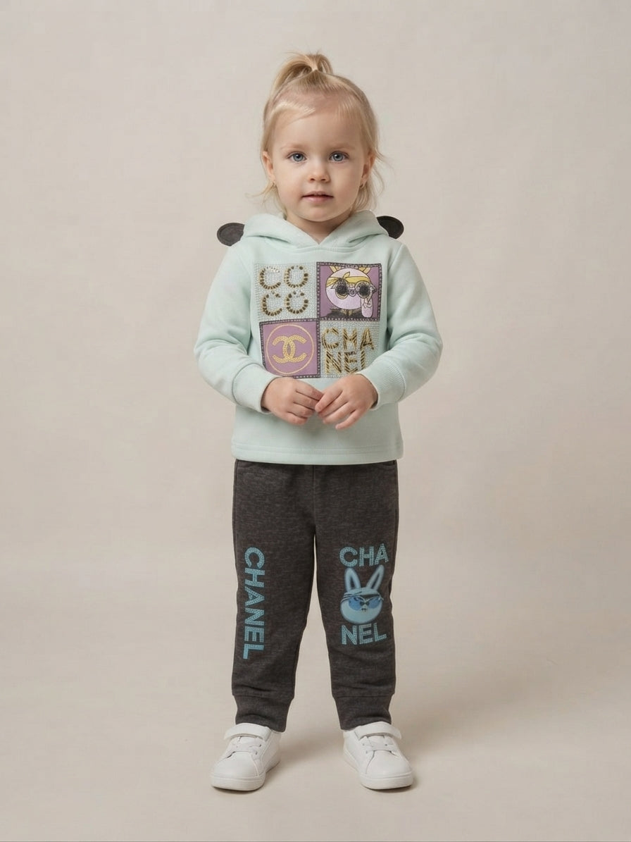 Girls' Designer-Inspired Hoodie and Jogger Two-Piece Set - Mint Green & Charcoal