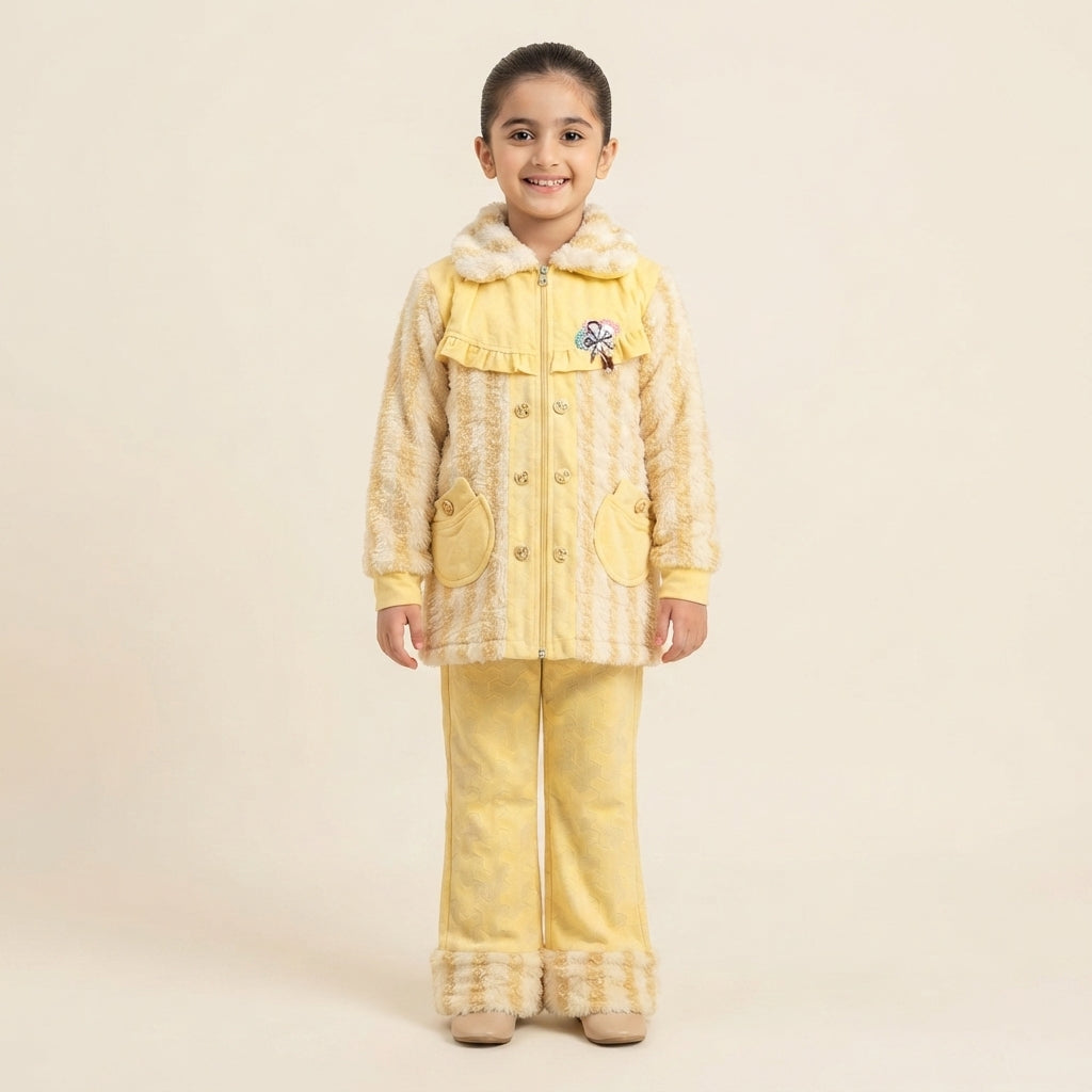 Warm Yellow Faux-Fur Striped Jumper and Trouser Winter Set for Girls